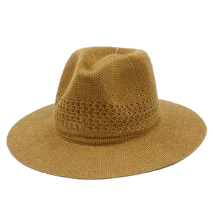 Breathable camel woven straw fedora sun hat with decorative hollow pattern for summer