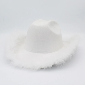 Classic white cowboy hat with fluffy feather trim and a structured flat wide brim
