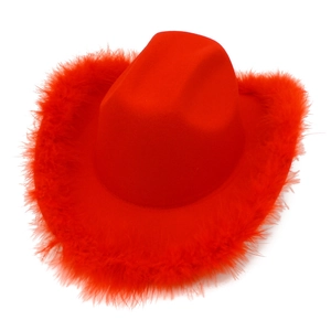 Detailed top view of red cowboy hat with fluffy feather trim on brim for parties
