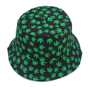 Detail of maple leaf print bucket hat with stitched brim and high-quality fabric texture