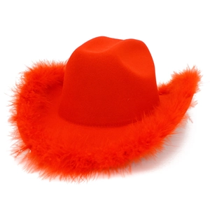 Vibrant red western cowboy hat with fluffy feather trim on a clean white background