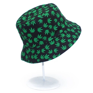 Classic black bucket hat featuring a vibrant green maple leaf print for outdoor sun protection