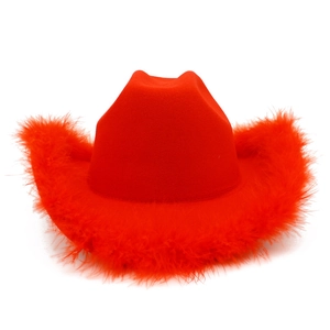Detailed view of the red cowboy hat with soft feather trim for parties and festivals