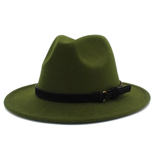 Detail of olive green fedora hat featuring a black leather band and gold metal buckle