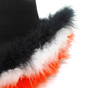 Pink western cowboy hat with fluffy black, white and orange feathers for Halloween party