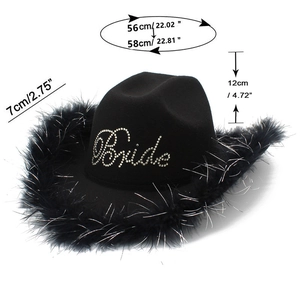 Detailed dimensions of black cowboy hat with Bride crystal lettering and feather trim