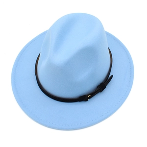 Classic light blue felt fedora hat with black decorative belt and gold buckle