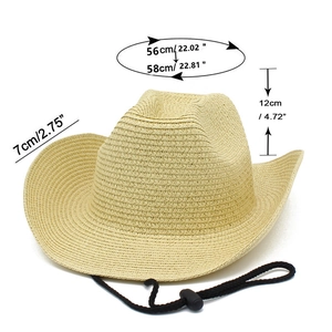Detailed measurement guide for beige straw cowboy hat with adjustable chin strap and brim dimensions