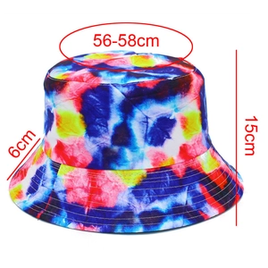 Tableau des tailles du chapeau bob tie-dye coloré montrant 56-58cm de tour de tête et hauteur