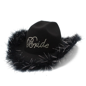 Black cowboy hat with crystal Bride text and feather trim for parties and weddings
