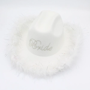 White felt cowboy hat with rhinestone Bride text and fluffy feather trim for bridal parties