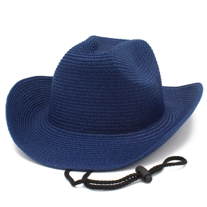 Navy blue western cowboy straw hat with curved brim and adjustable windproof chin strap