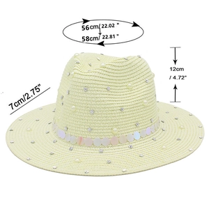 Detail showing straw sun hat dimensions including brim width and crown height measurements