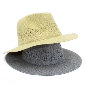 Breathable hand-woven summer fedora hats in beige and grey with mesh hollow design