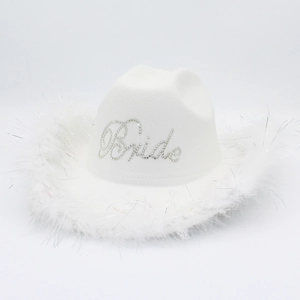 Detail of white bridal cowboy hat with rhinestone Bride letters and feather brim decor