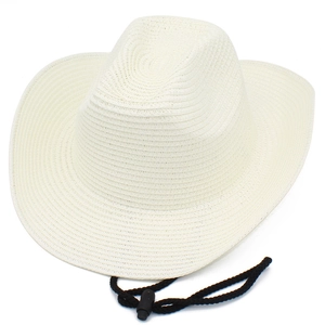 Detail of cream woven cowboy straw hat showing texture and adjustable black wind cord