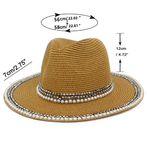 Detailed size chart for the straw fedora hat featuring measurements in centimeters and inches