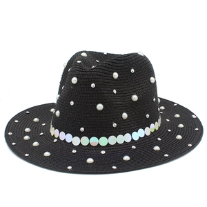 Women British Style Straw Fedora Hat With Artificial Pearl Rhinestone Iridescent Sequin Decoration Wide Brim Sun Protection Beach Vacation Hat
