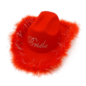 Macro detail of red cowboy hat with Bride rhinestone lettering and feather trim