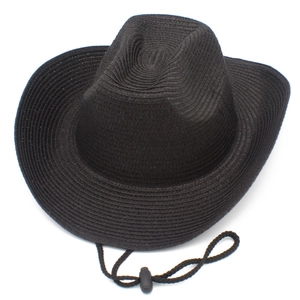 Detail of black woven cowboy hat showing adjustable windproof rope and straw texture