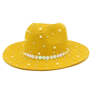 Yellow straw fedora with white pearls, rhinestones and iridescent sequin band for summer