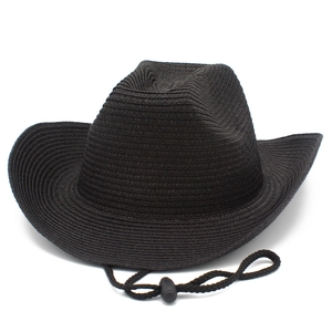 Black foldable straw cowboy hat with adjustable chin strap and classic woven texture