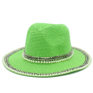Neon green straw sun hat with pearls and metal studs trim for outdoor summer beach travel