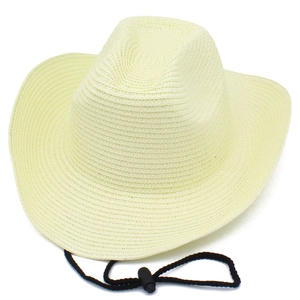 Close-up of beige straw cowboy hat weave texture with adjustable black chin cord