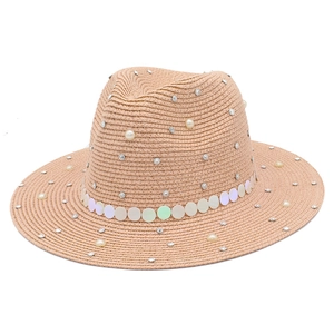 British style straw sun hat for women with pearls, rhinestones and iridescent sequins