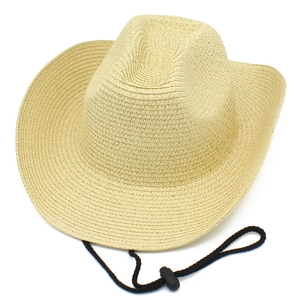 Detailed close-up of straw cowboy hat weaving texture with adjustable black chin cord