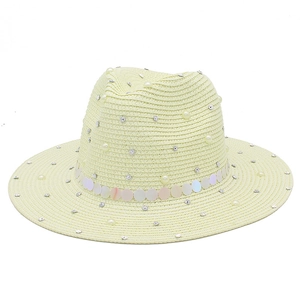 British style straw sun hat for women with elegant pearls and sparkling rhinestones