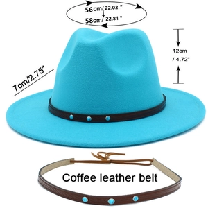 Bright blue felt fedora with coffee leather belt detailing and size measurements