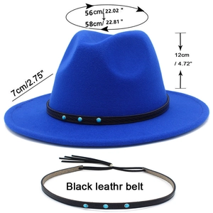 Blue fedora hat detail with 7cm brim, 12cm height, and turquoise decorative band