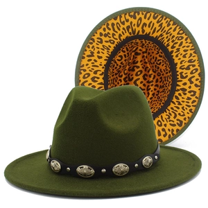 Olive green fedora with western metal belt and leopard print underbrim detail