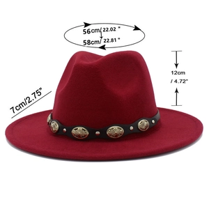 Detailed size chart for burgundy fedora hat showing brim width and head circumference