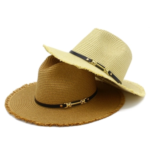 Chapeau de Soleil en Paille Tissé d'Été Avec Bords Effilochés Chapeau de Plage Panama Fedora Homme Femme Ceinture Décorative Boucle Dorée