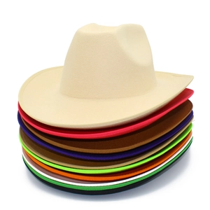 Western Cowboy Fedora Hat For Women Men Vintage Cotton Blend Woolen Felt Wide Brim Jazz Hat With Bound Edge Solid Color Party Outdoor Sun Hat