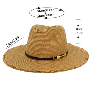 Détails d'un chapeau de paille kaki avec ruban noir et spécifications de taille