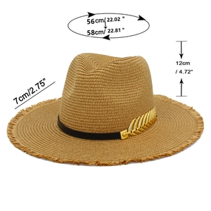 Top view of woven straw sun hat showing frayed brim details and dimension measurements