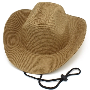Detailed close-up of brown straw cowboy hat with adjustable windproof cord and woven texture