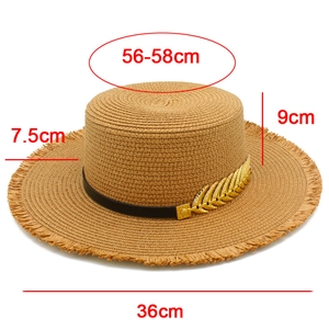 Detailed boater straw hat dimensions showing 7.5cm brim width and 56-58cm circumference