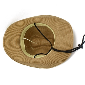 Detailed interior of a tan straw cowboy hat featuring a beige sweatband and wind rope