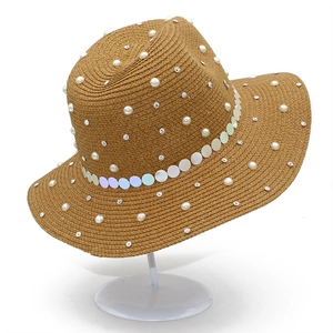 Straw jazz hat for women with elegant pearls and sequins on high-quality woven straw