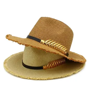 Bohemian Paper Straw Fedora Hat Frayed Brim Summer Beach Sun Hat With Metal Leaf Decor Vacation Jazz Hat For Men Women