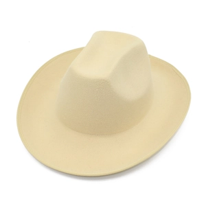 Detailed view of beige wide brim wool fedora hat with fine stitching and concave crown