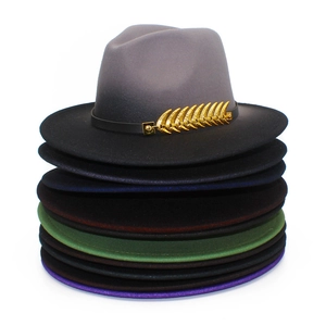 Detailed stack of multi-colored gradient felt fedora hats with gold feather metal buckle