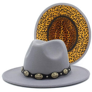 Detail of gray felt fedora showing vintage metal buckle and leopard print lining