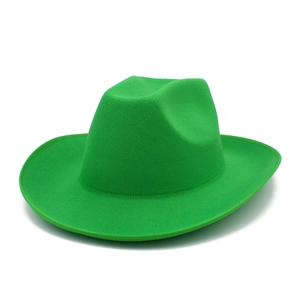 Detail view of bright green felt fedora hat with reinforced stitched brim edges