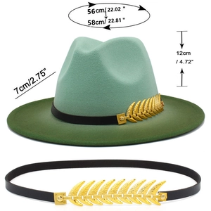 Detail view of gradient green fedora with metal leaf band and dimensions 56-58cm
