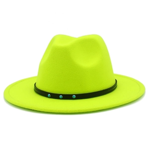 Detail of neon green fedora with black leather band and three blue decorative studs
